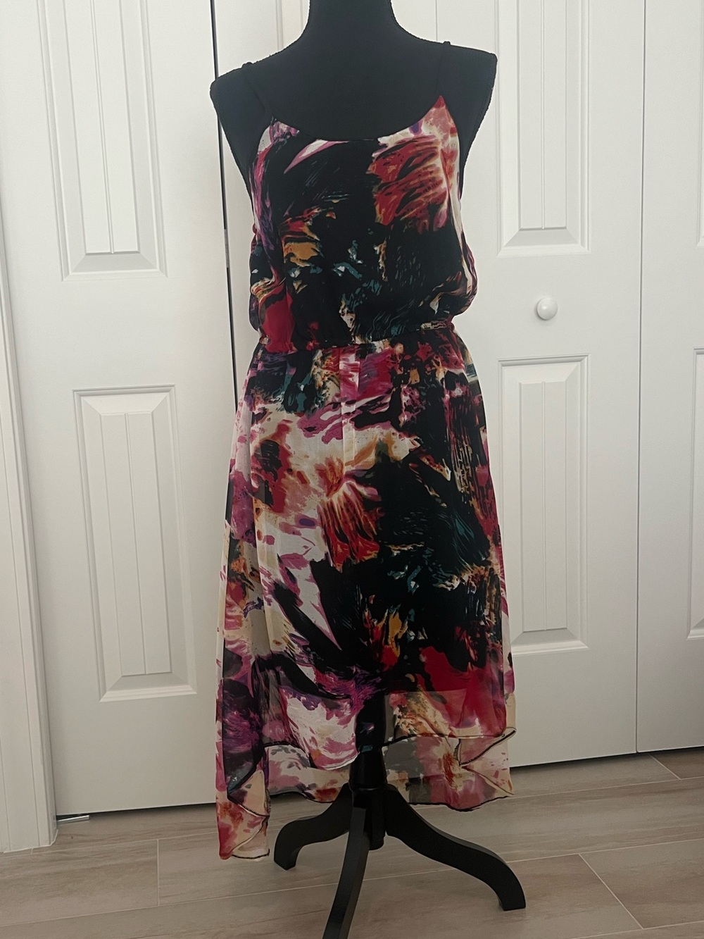 Angie Abstract Floral High-Low Dress in Black and Pink New With Tags